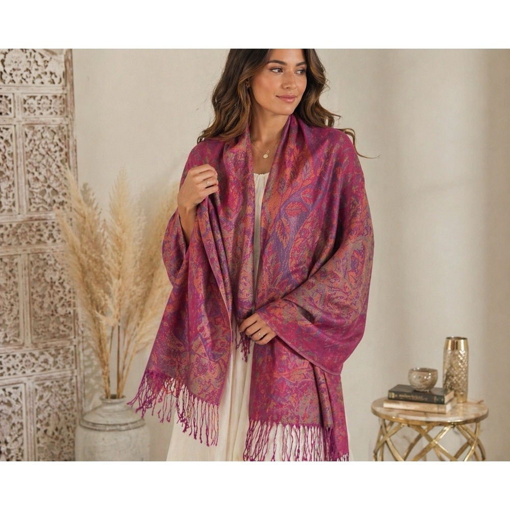 Paisley Pashmina Wrap Shawl Scarf Plum Pink Gold Fringe Boho Oversized 28x86